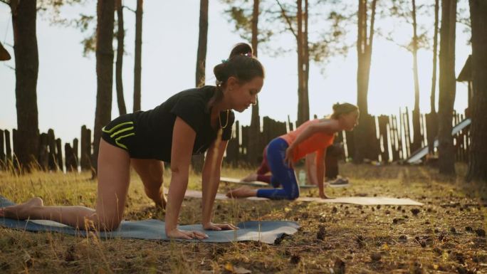 大自然中的健身，早晨在户外做腿部运动的女性群体，健康生活方式