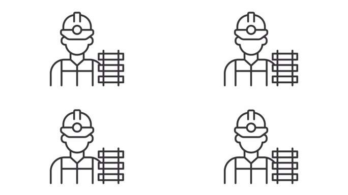 铁路工人2D黑色简单细线动画，透明背景高清视频，无缝循环4K视频，代表铁路行业