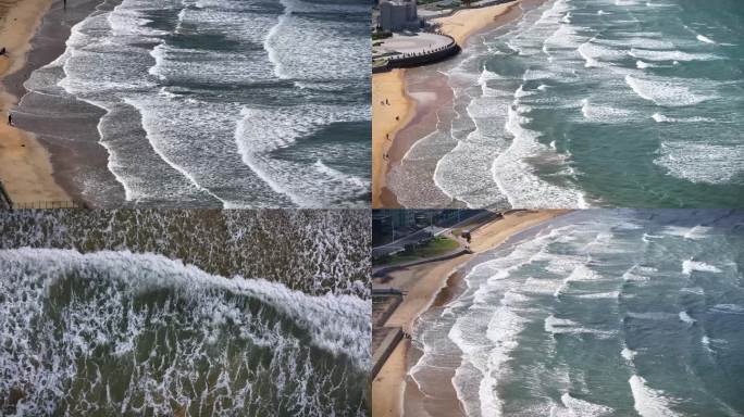 航拍威海金海滩海水浴场秋天的白云海浪合集