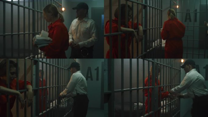 狱警把女囚犯锁在牢房里，摘下手铐