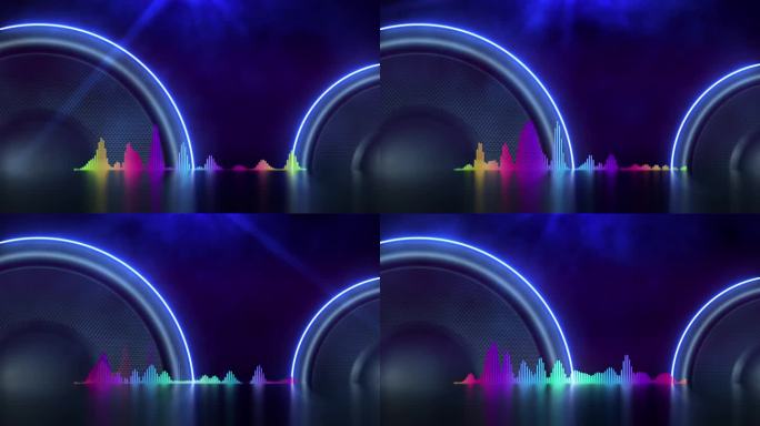 音乐音箱动画均衡器灯光效果和烟雾。VJ模板复制空间蓝色视频循环背景。