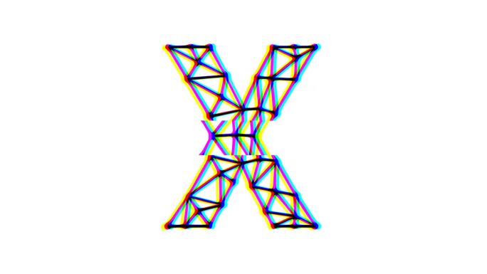 多边形字母x动画与故障效果在白色背景，4k分辨率视频，文本运动图形
