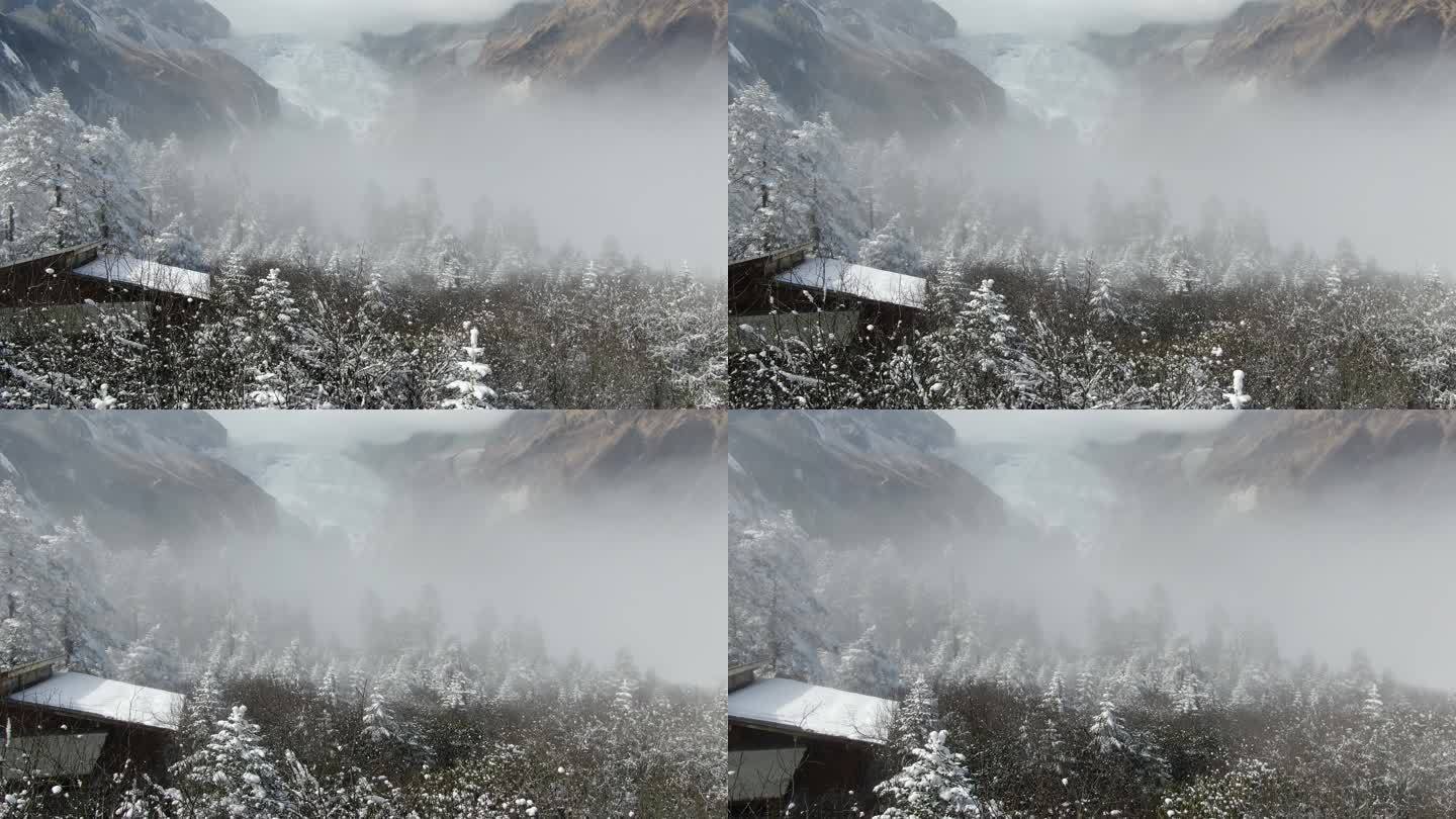 海螺沟冰川森林公园冬季雪景云海雾凇航拍
