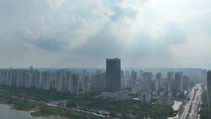 南昌出版中心大厦航拍红谷滩区城市建筑风光