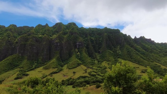 越野车穿越青山公园。夏威夷的大自然。开车穿过泥土。侏罗纪世界的美丽风景。岛上有巨大的绿色山脉，有很多