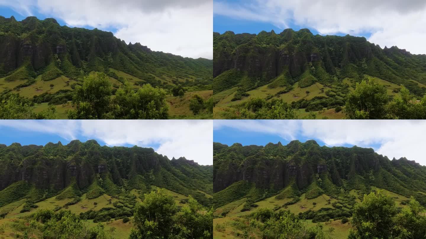 越野车穿越青山公园。夏威夷的大自然。开车穿过泥土。侏罗纪世界的美丽风景。岛上有巨大的绿色山脉，有很多