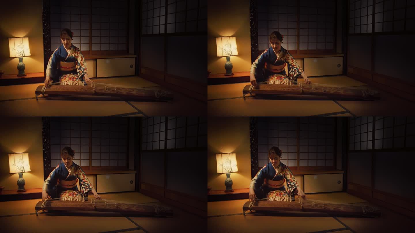 才华横溢的女性在传统的黑暗日本家中用灯演奏古筝。身穿蓝色和服的音乐家，在演出前练习演奏历史音乐