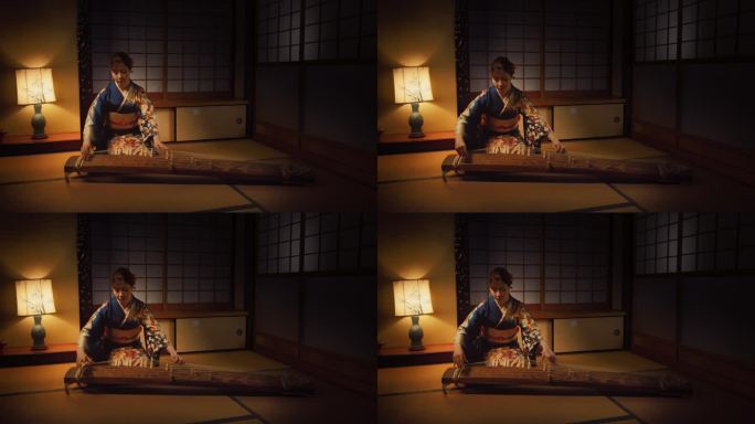 才华横溢的女性在传统的黑暗日本家中用灯演奏古筝。身穿蓝色和服的音乐家，在演出前练习演奏历史音乐