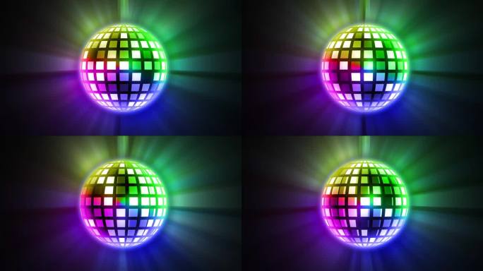 闪亮的迪斯科球与多色发光照明和闪烁的颜色。美丽的夜总会球体在黑暗的背景。3D动画4K视频