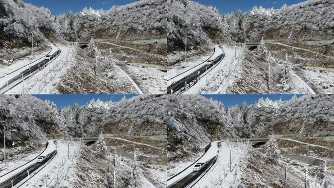 奔驰小轿车在雪地公路行驶旅行航拍雪景雾凇