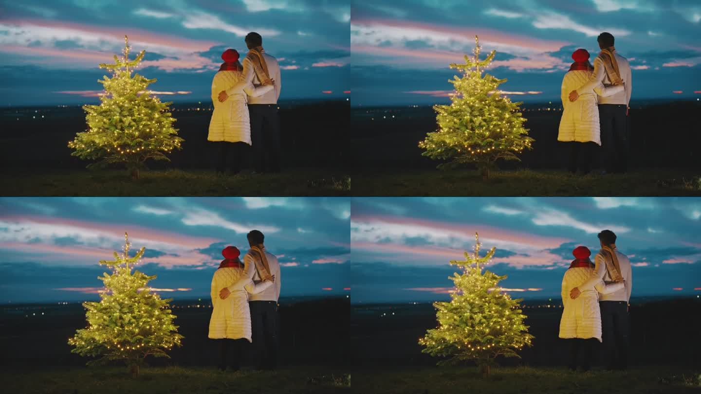 黄昏时分，一对夫妇站在小山上的圣诞树旁拥抱