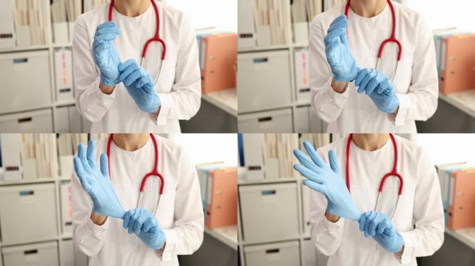 医生在医疗办公室的4k电影里戴上了一次性手套