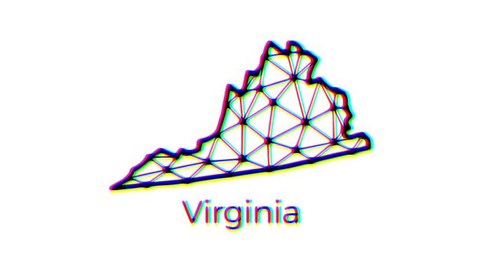 弗吉尼亚州地图动画在多边形风格与故障效果，4k分辨率视频，美国各州运动图形