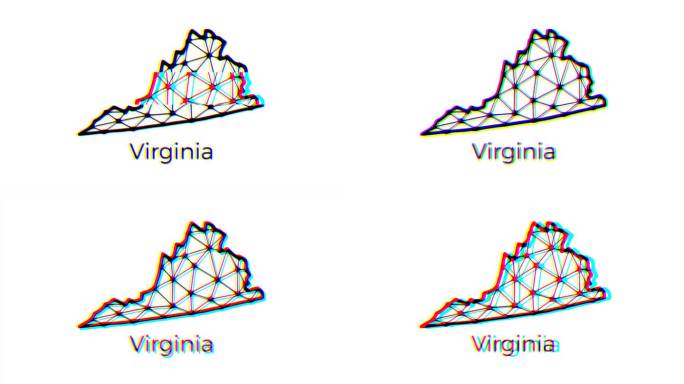 弗吉尼亚州地图动画在多边形风格与故障效果，4k分辨率视频，美国各州运动图形