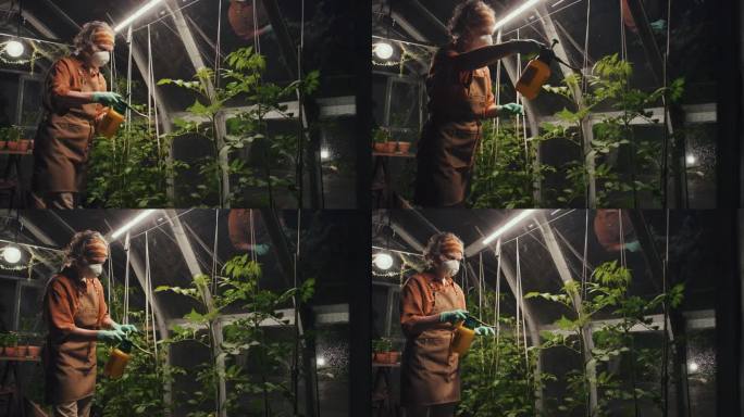 植物育种家在温室内用化学喷雾处理番茄幼苗