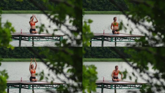 在湖边运动的女人。在水边伸展