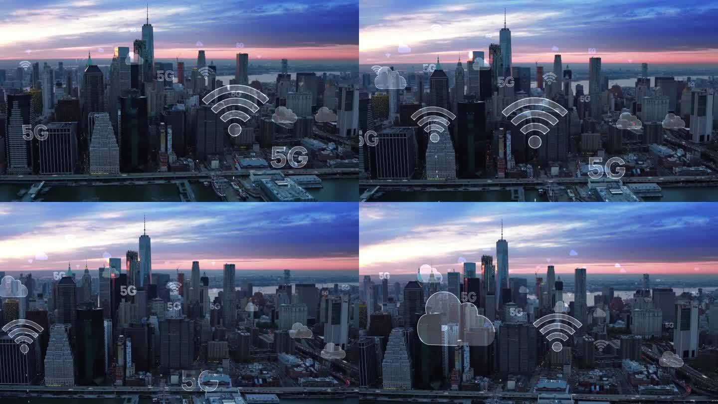 通过5G连接的空中城市。无线网络、移动技术概念、数据通信、云计算、人工智能、物联网。纽约的天际线。未