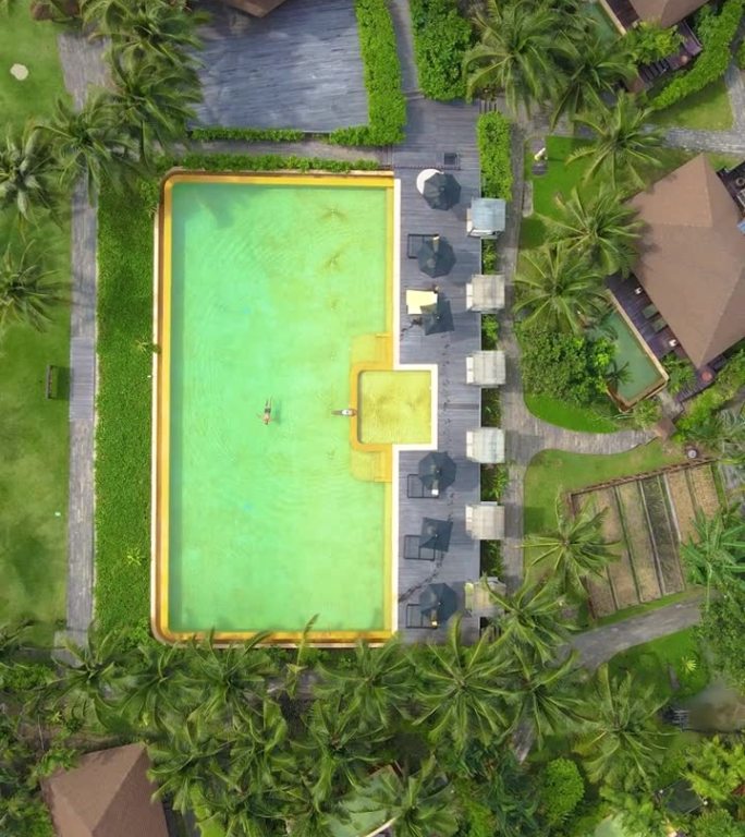 俯瞰一对夫妇在泰国古德岛的游泳池