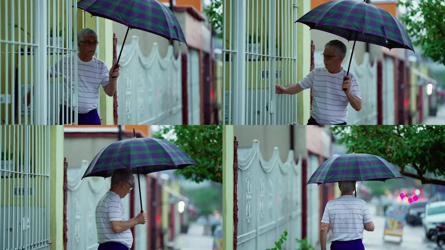 老人在下雨时出门，打开雨伞，关上身后的门。老人走在街道的人行道上