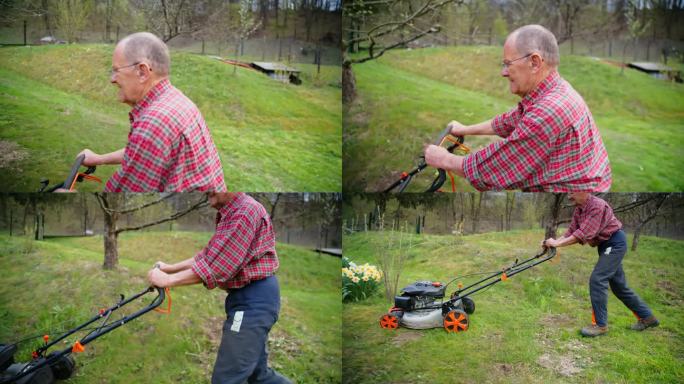 老人在后院割草坪园艺师修剪草坪割草