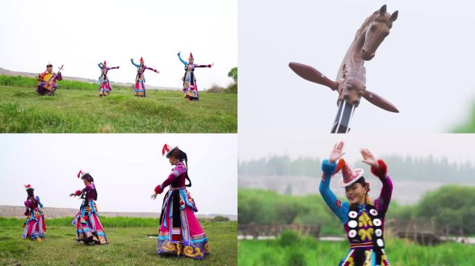 蒙古族在草原上拉马头琴跳舞视频素材