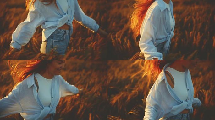 夕阳下，一名兴奋的女子在金黄色的小麦地里奔跑