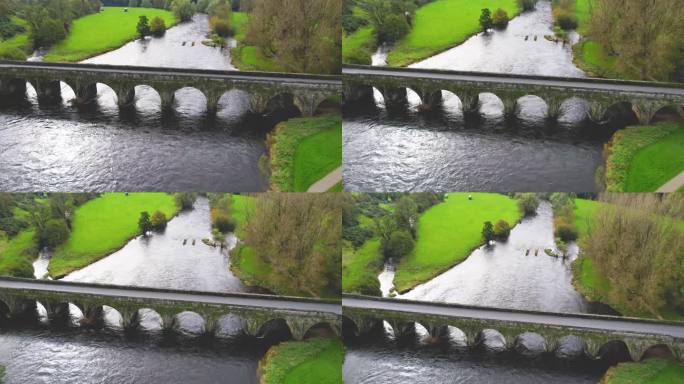 这是一幅4K无人机拍摄的18世纪10跨距大桥，位于爱尔兰基尔肯尼的因尼斯提戈县诺尔河上