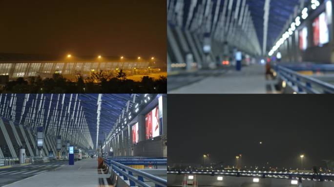 4K上海夜间浦东机场航站楼接送客飞机降落