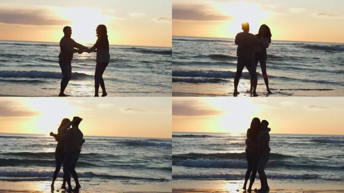快乐，夕阳和夫妇的剪影在海滩上放松，暑假和旅行。爱情，冒险和健康与男人和女人在海边约会度假，结婚和牵