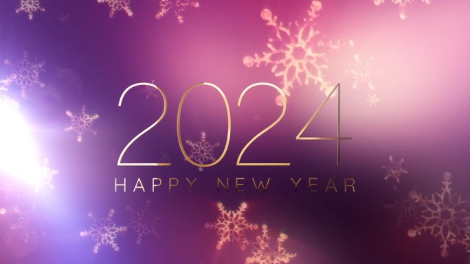 2024新年快乐金色文字与下降辉光雪花和耀斑光电影标题背景。新年快乐2024金色闪耀的文字在柔和的冬