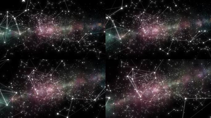 外太空的星星与神经丛线相连。相机飞过恒星丛和星云背景。深空背景下的星丛连接。星星在太空中飞翔