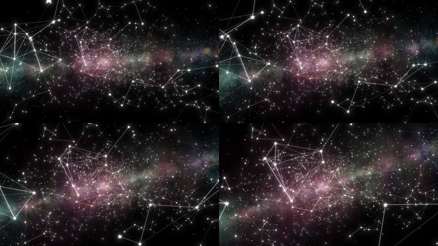 外太空的星星与神经丛线相连。相机飞过恒星丛和星云背景。深空背景下的星丛连接。星星在太空中飞翔