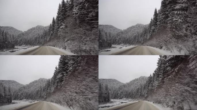 雪山公路沿路移动，美丽的冬季景观