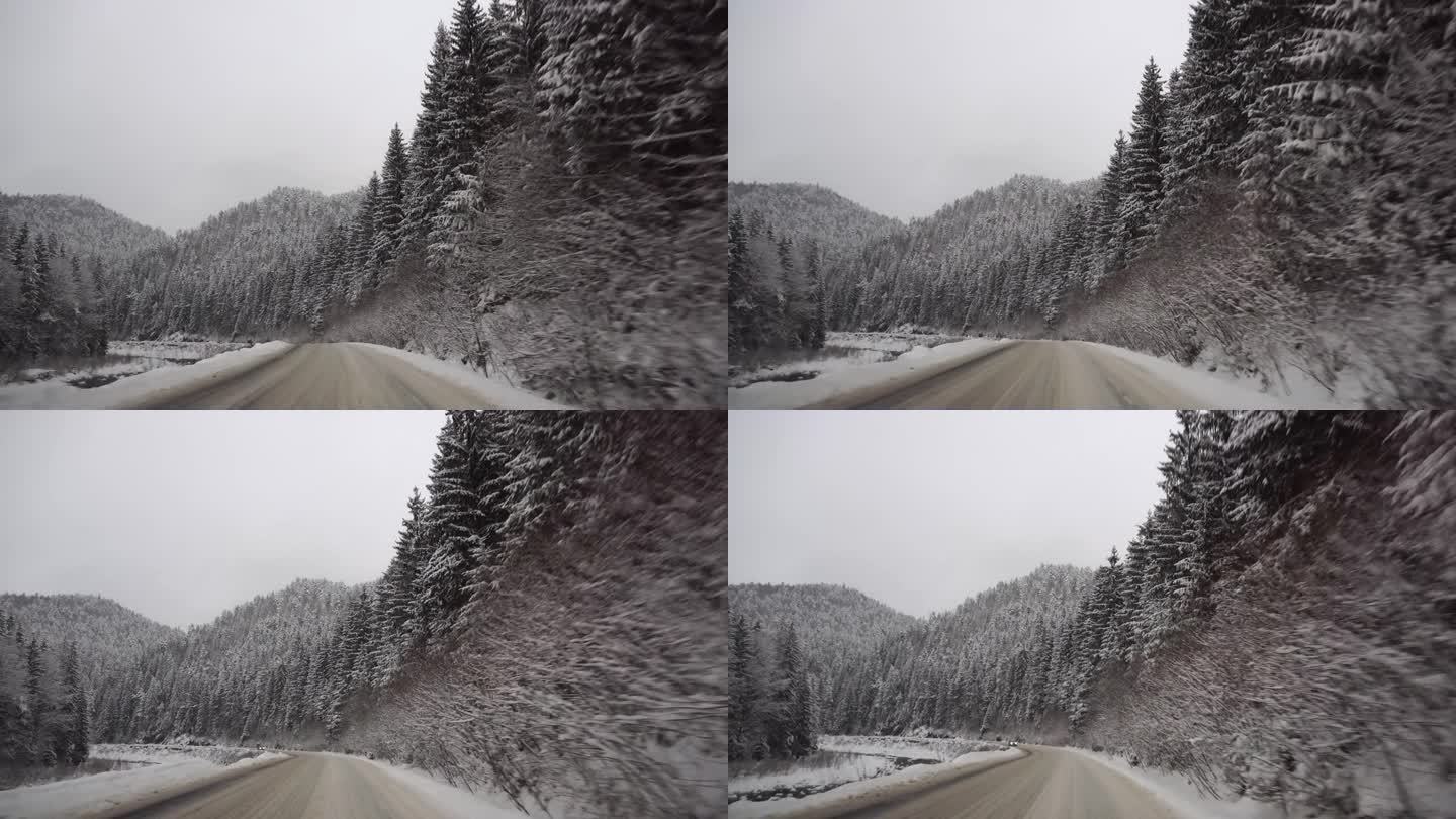 雪山公路沿路移动，美丽的冬季景观