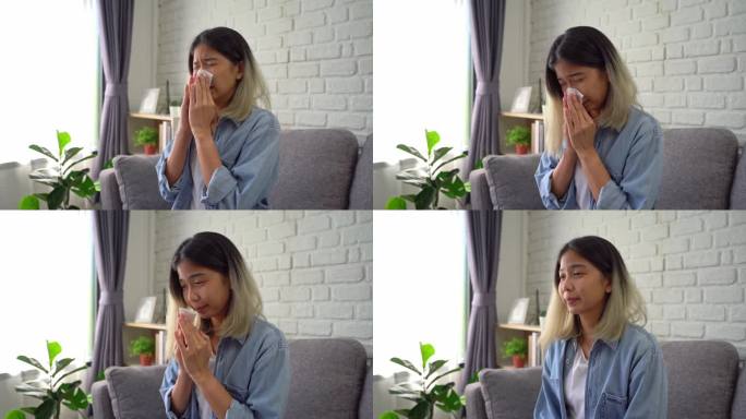 有过敏症的亚洲妇女在家用纸巾吐痰和打喷嚏