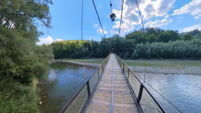 镜头:走在树林里的桥上。罗马尼亚。