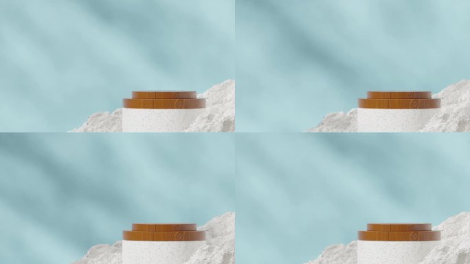 空白模型水磨石和木材平台与无缝循环阴影动画蓝墙和白色岩石，3d素材渲染