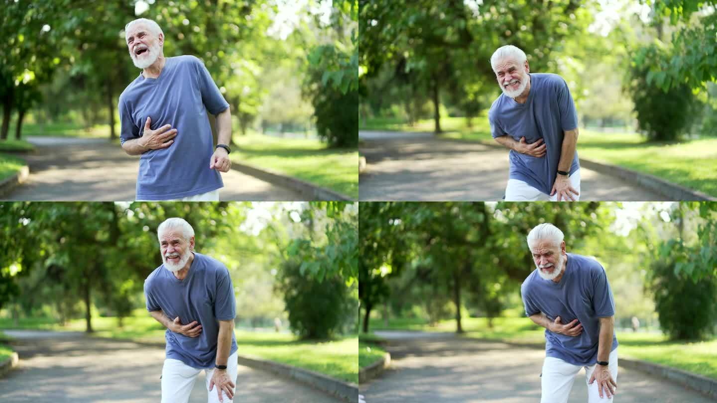 老年成人活跃的白发大胡子男子患有胃痛