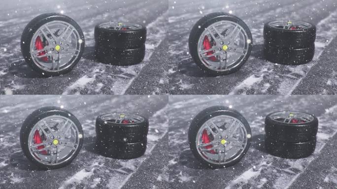 冬季轮胎的背景是暴风雪、大雪和湿滑的冬季道路。冬季轮胎概念。轮更换。道路安全理念。4k 3d动画与飘
