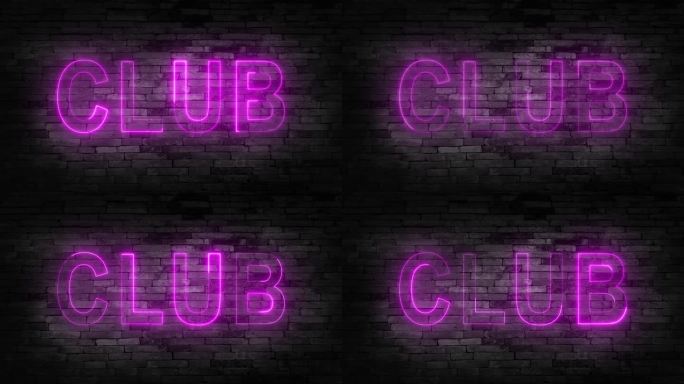 在灰色混凝土墙的背景上，4K霓虹灯上写着“开放”这个词，镜头从标志关闭开始。俱乐部。