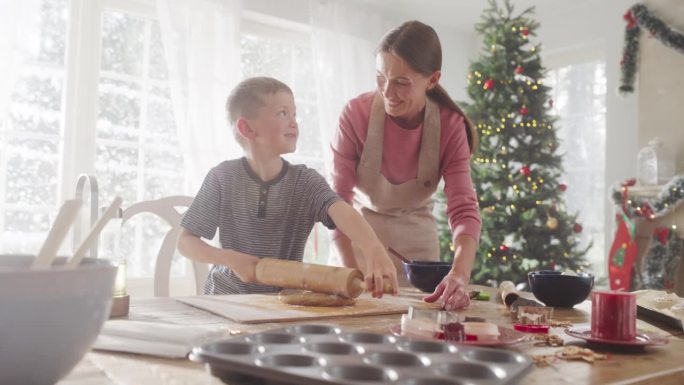 慢镜头放大妇女和她的儿子在圣诞节期间一起烘焙的肖像。妈妈教她的小男孩如何做姜饼饼干。孩子在假期帮妈妈