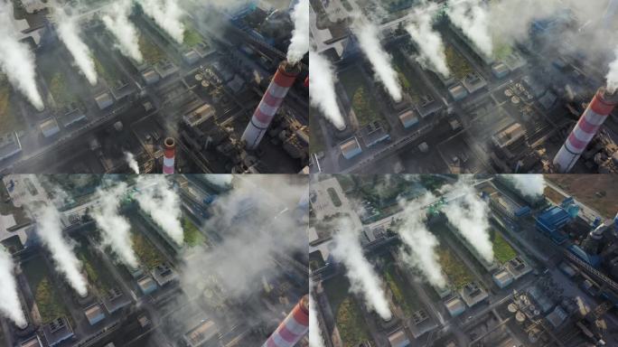 燃煤电厂高管黑烟囱污染大气鸟瞰图