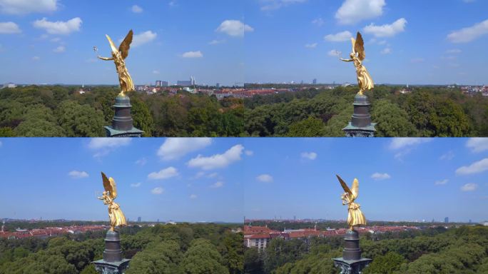 精彩的空中俯瞰飞行
金色和平天使柱德国巴伐利亚城市慕尼黑，夏日23日晴空万里多云。全景轨道无人机
4