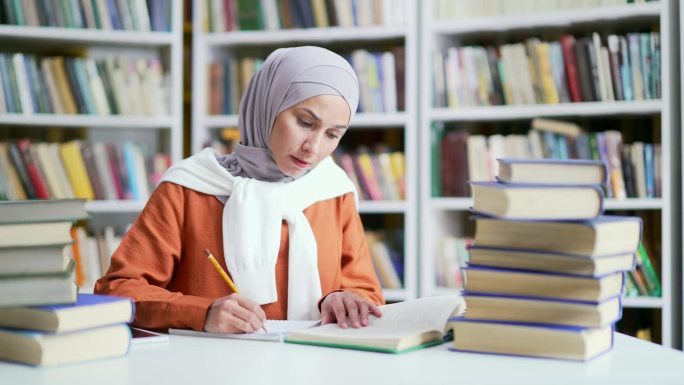 戴着头巾的穆斯林女学生在校图书馆里读书、记笔记