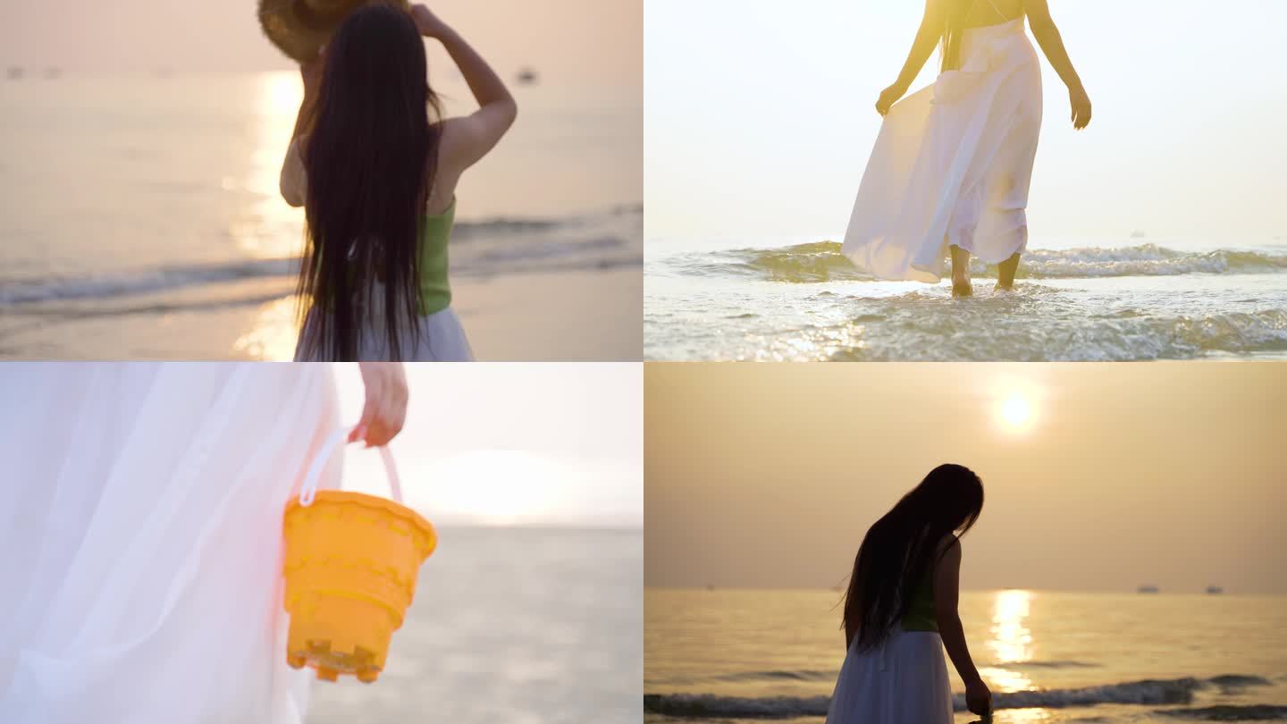 海边女孩-傍晚时分白裙女孩海边散步看日落