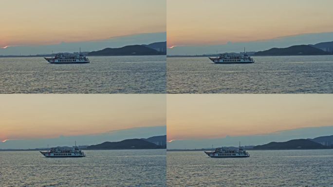 Nice, beautiful，如画，平静迷人的日落在大海前用船渡船游船，地平线，云，太阳，海鸥，鸟