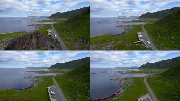 低空转发拍摄的游客在远离人群的Bukkekjerka休息区欣赏风景