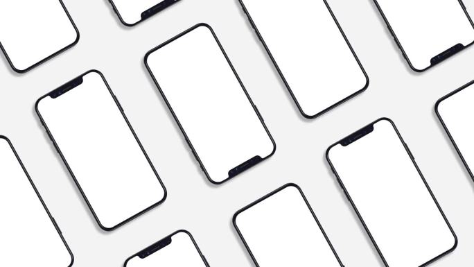 品牌识别，UI设计和社交帖子。一组手机空白躺在中性光背景上(平铺)。白屏幕智能手机UI模型对角线移动