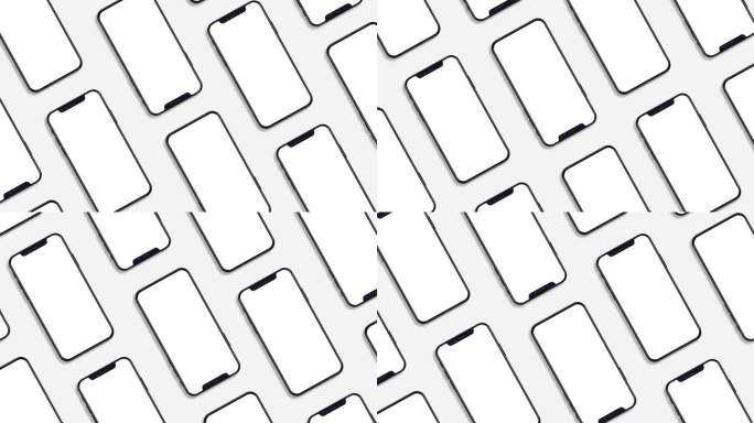 品牌识别，UI设计和社交帖子。一组手机空白躺在中性光背景上(平铺)。白屏幕智能手机UI模型对角线移动