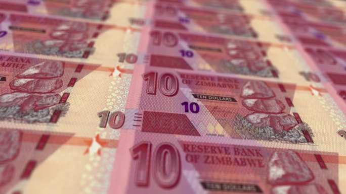 津巴布韦美元印刷机打印出当前美元钞票，无缝循环，亚美尼亚货币货币背景，4K，聚焦深度平滑和尼斯股票视
